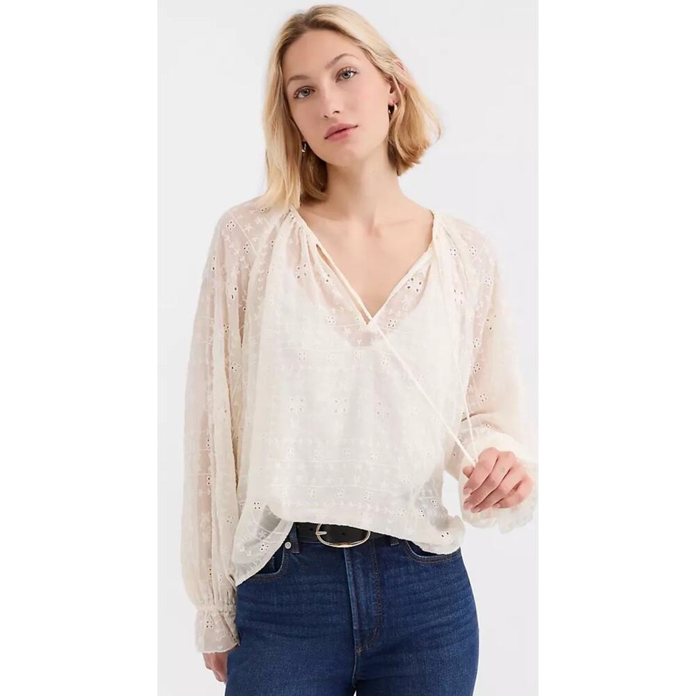 Loft Size Medium Eyelet Ruffle Cuff Tie Neck Blouse Ivory